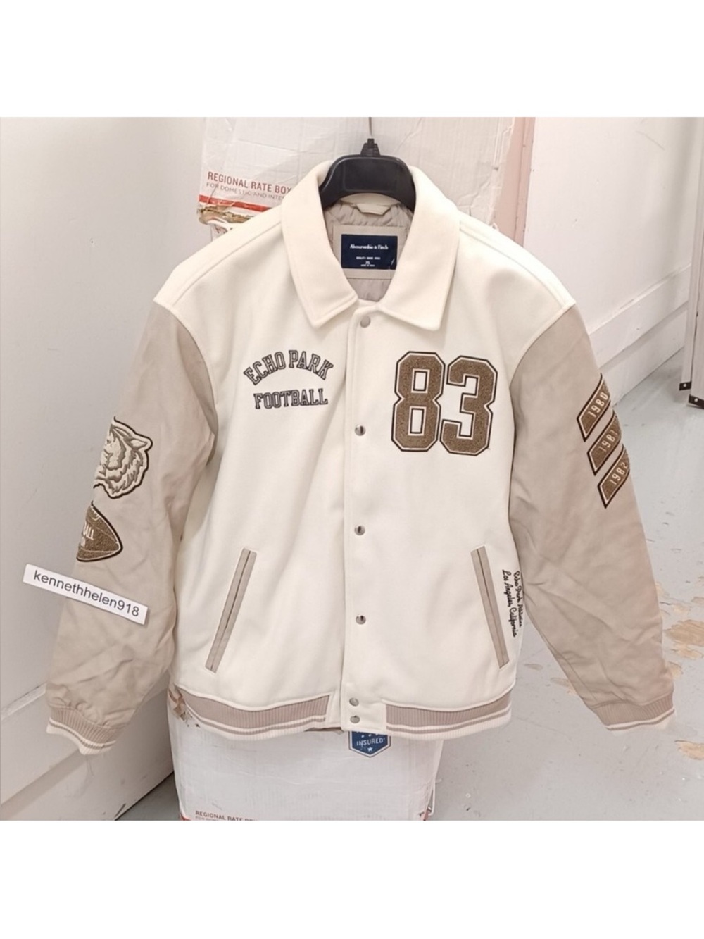 Abercrombie & Fitch Cream & Beige Varsity Jacket with 83 Patch
